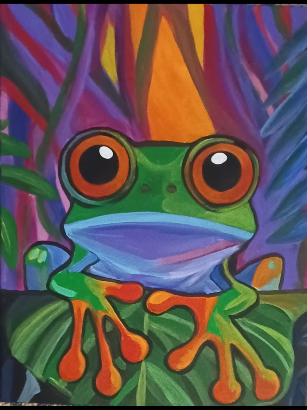 Original Acrylic Colorful Frog Canvas Art- Green and Orange